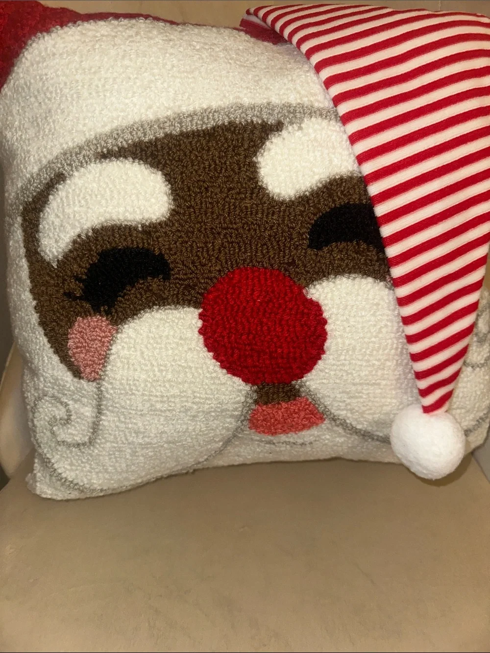 African American Santa 🎅🏾 Holiday Pillow with Red Striped Hat